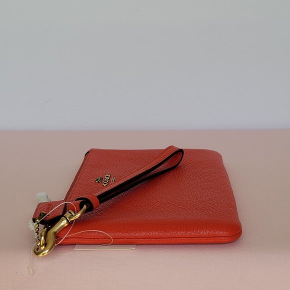COACH Small Wristlet in Polished Pebbled Leather -Red Orange - Picture 12 of 16